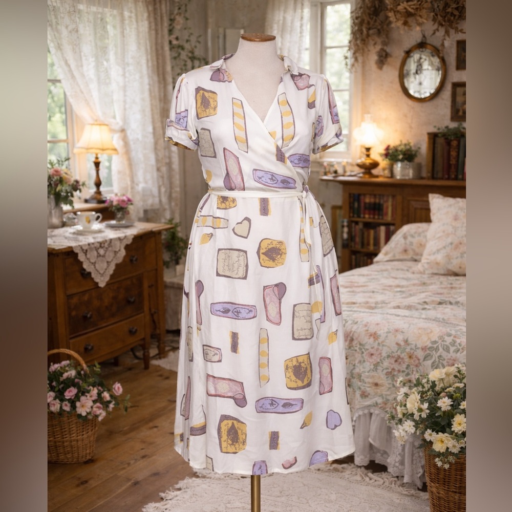 Vintage 1940s/1950s White Cotton Novelty Print Day Dress From Paris